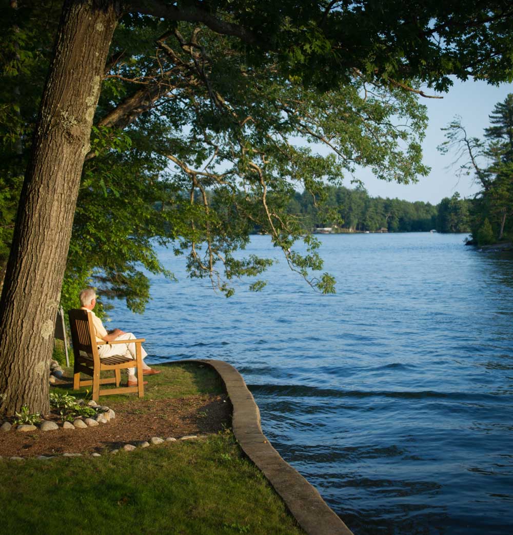 man sitting on bench under tree looking at lake